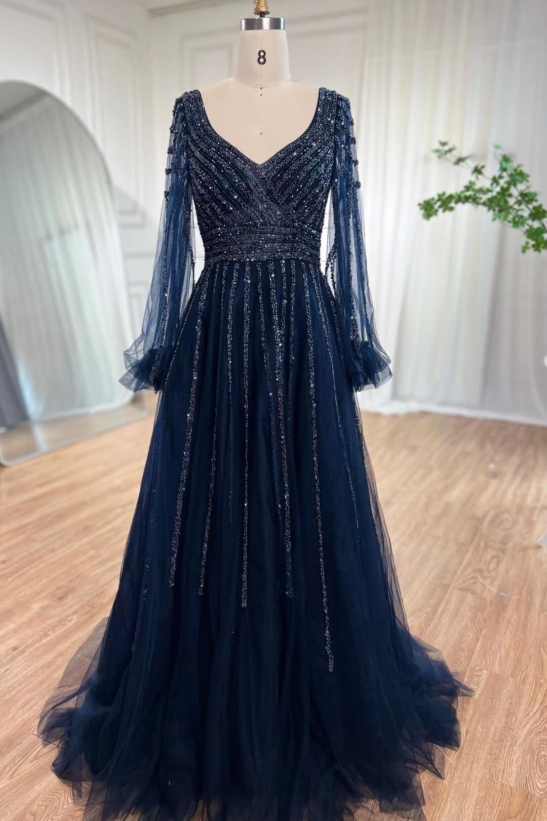 Dresseswow Dark Navy V-Neck A-Line Prom Gown Beadings Long Long Sleeves
