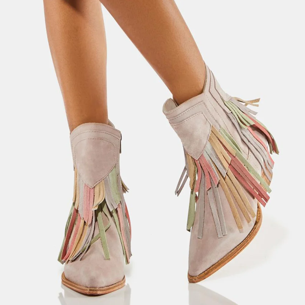 Pink Faux Suede Pointed Toe Multicolor Fringe Western Boots for Women Nicepairs
