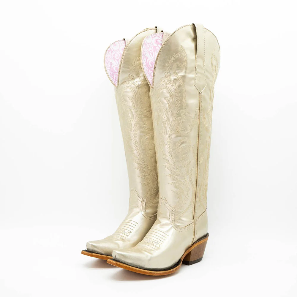 Ivory Vegan Leather Pointed Toe Wide Calf Embroidered Cowgirl Boots With Chunky Heels Nicepairs