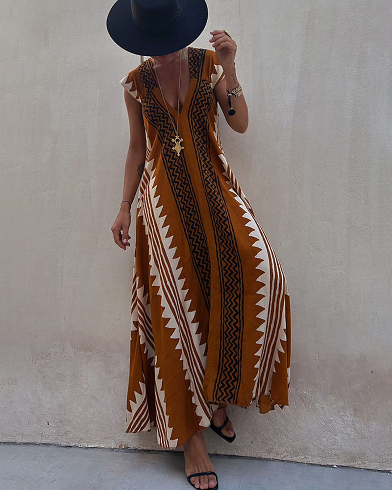 KORA – COLORFUL BOHEMIAN V-NECK MIDI DRESS