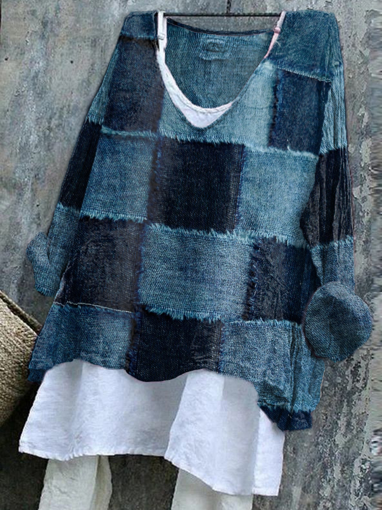 Women's Vintage Print Casual Hollow Denim Shirt main image 0