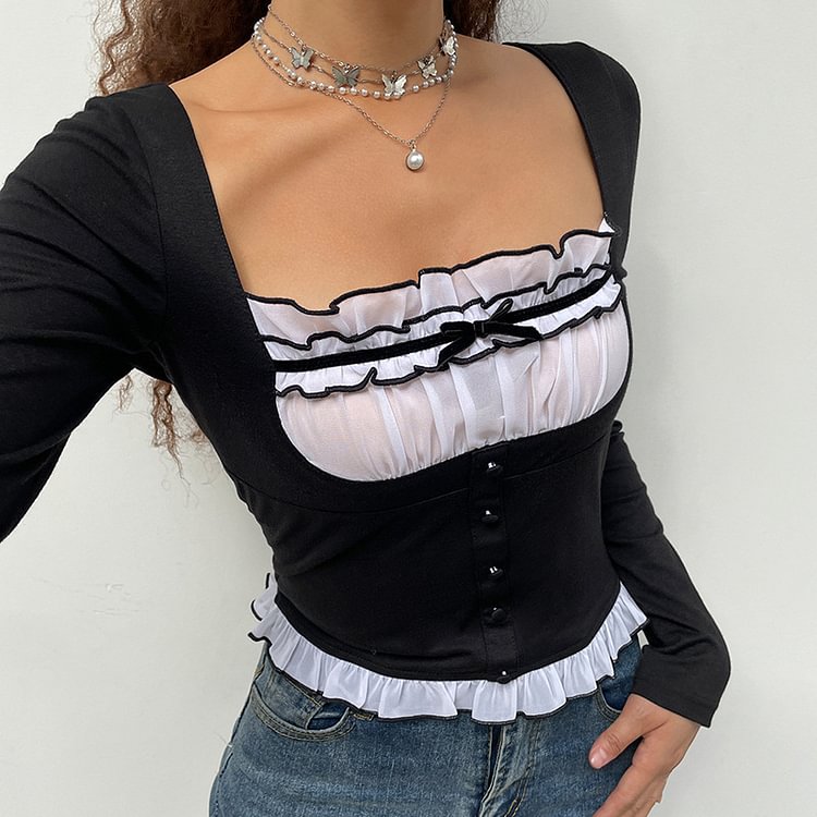 Lace Stitching T-Shirt With Wooden Ears, Square Neck And Long Sleeves - BlackFridayBuys