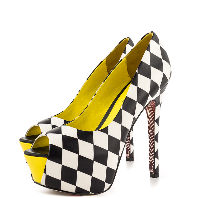 Black and White Checkered Peep-Toe High Heels with Yellow Accent Vdcoo