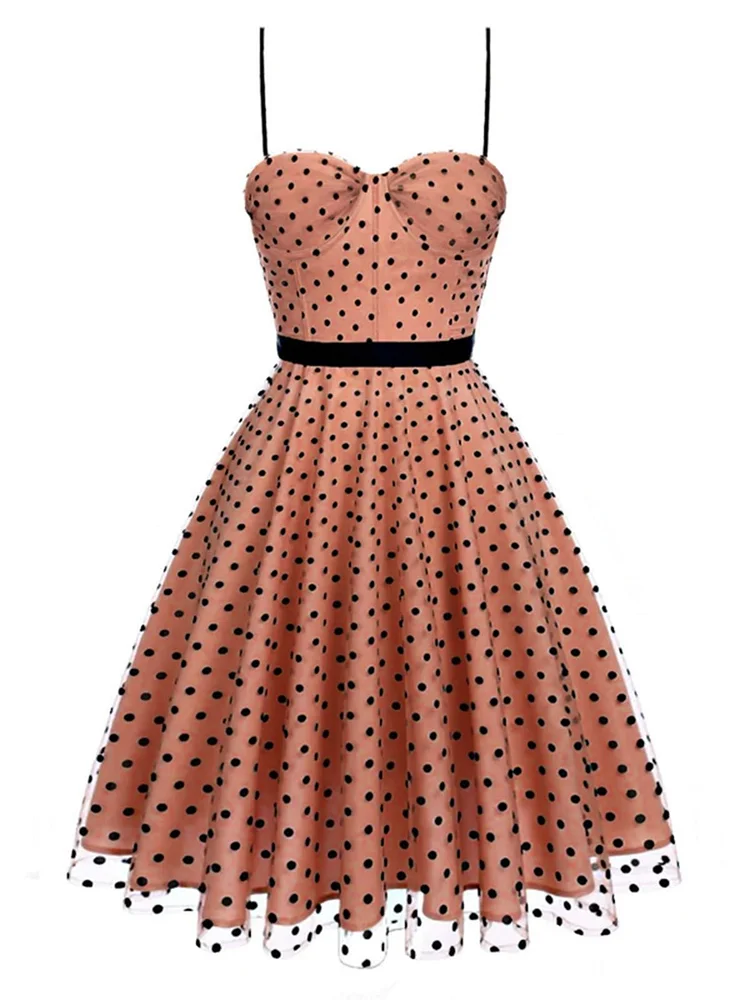 Dark Nude 1950s Spaghetti Strap Polka Dot Dress