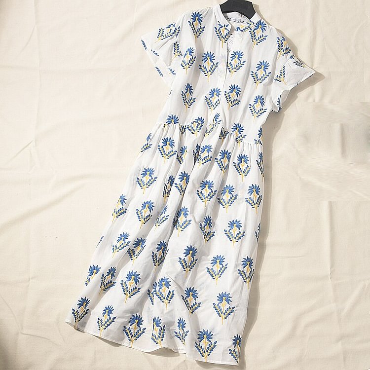 Summer Women Fashion Embroidery Midi Dress Casual Short Sleeve A-Line Elegant White Party Dresses Female Vestido - BlackFridayBuys