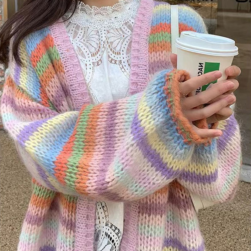 Colorblock Stripe Rainbow Knit Cardigan Sweater