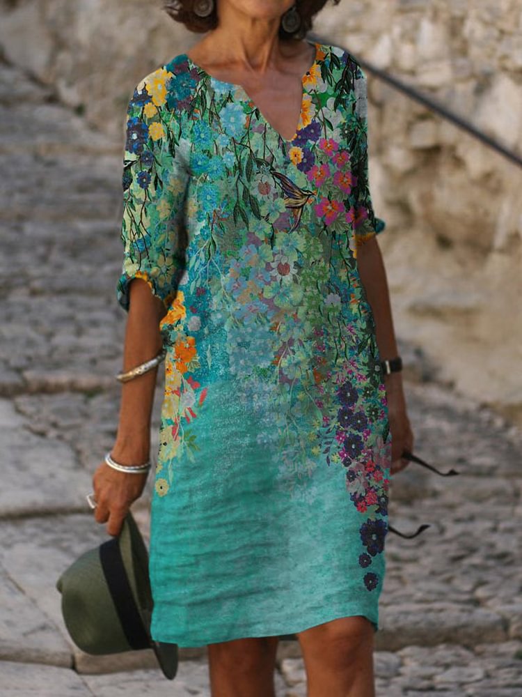 Comstylish Green Floral Art Print Notch Neck Midi Dress