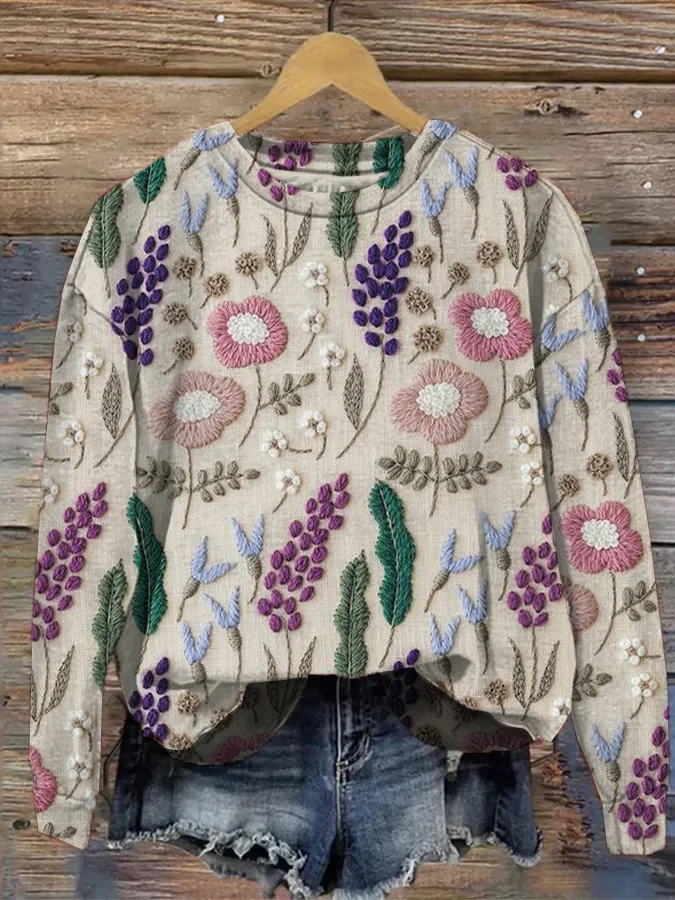 Women's Warm Flowers And Leaf Three-Dimensional Print Sweatshirt