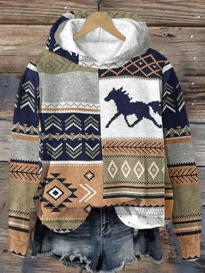 Women's Retro Plaid Horse Sweater Print Hooded Sweatshirt