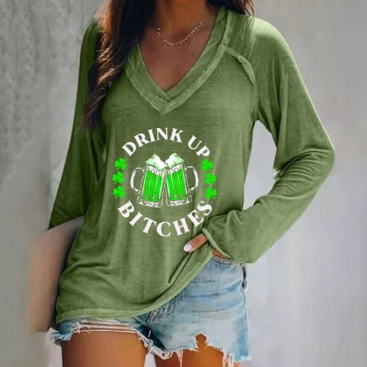 Comstylish St. Patrick's Day Drink Up Bitches Print Casual T-Shirt