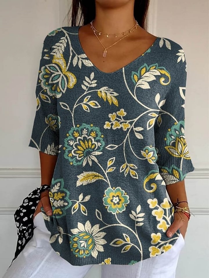 Women's Vintage Lovely Floral Art Print Casual Pullover Knit