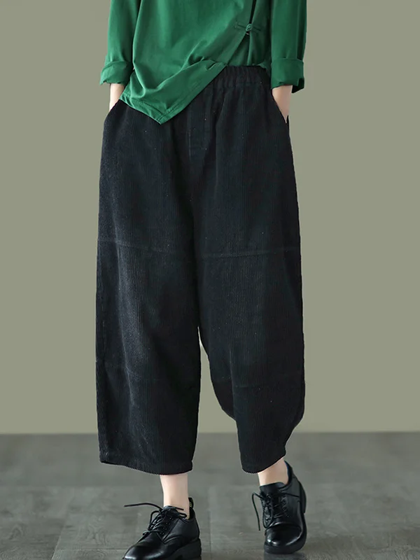 Vintage Corduroy Elasticity Split-Joint Cropped Pants