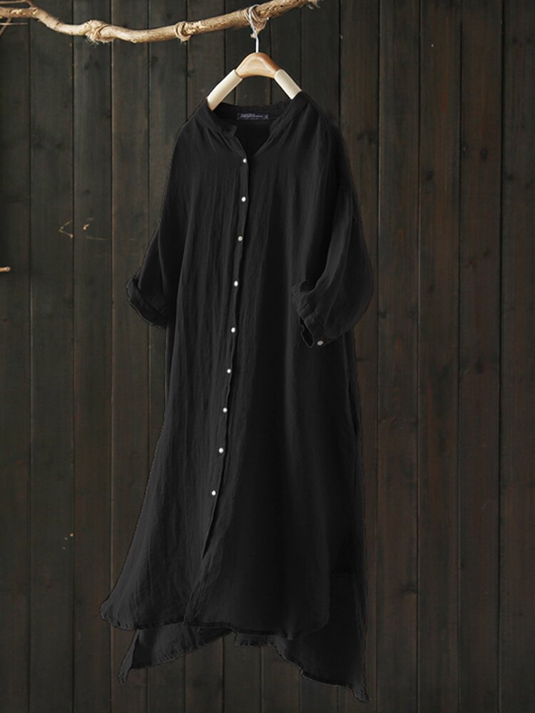 Solid Color Front Button Pockets Side Split Half Sleeve Shirt P1567068