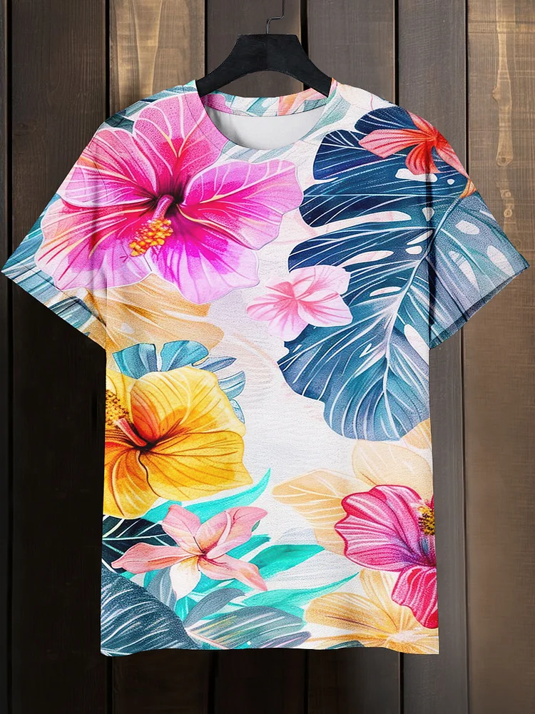 Men's Multicolor Hawaiian Hibiscus Flower Print Casual T-Shirt