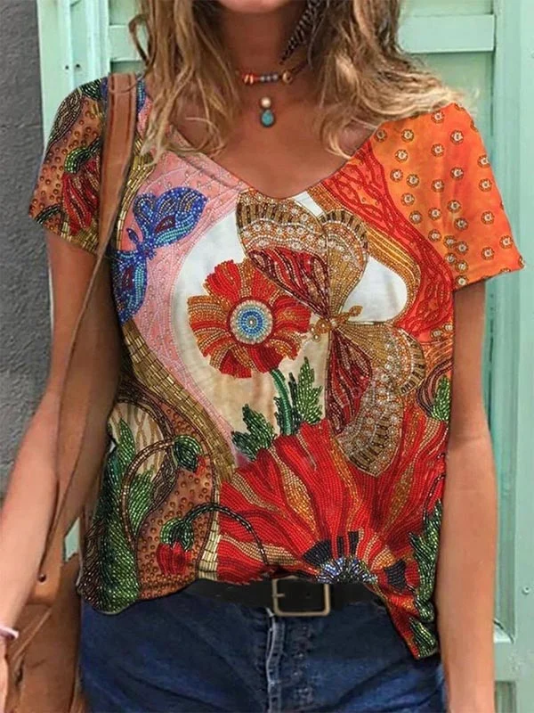 Butterfly And Flowers Printed Casual Tee