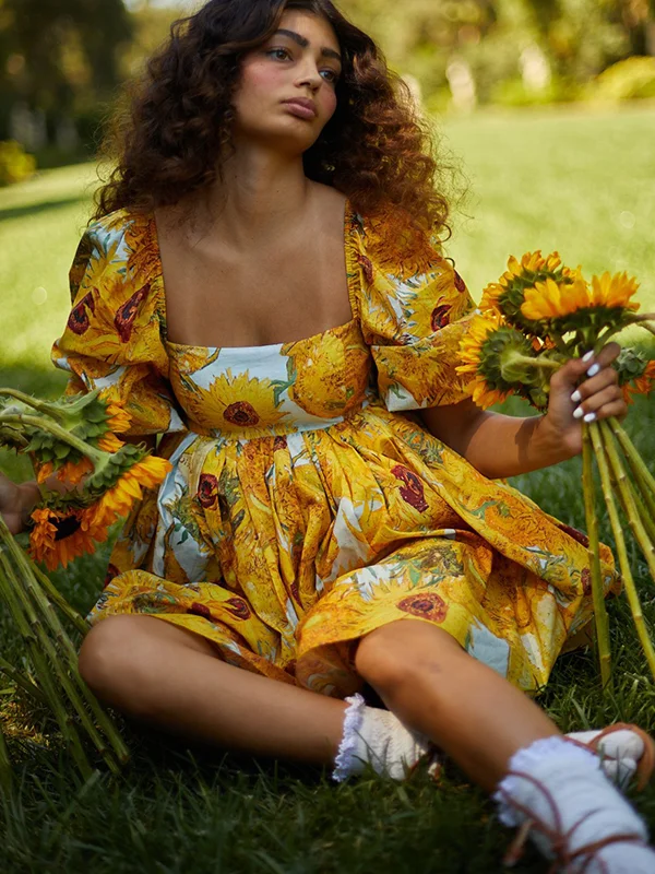 Art Van Gogh Sunflower Printed Puff-Sleeve Midi Dress