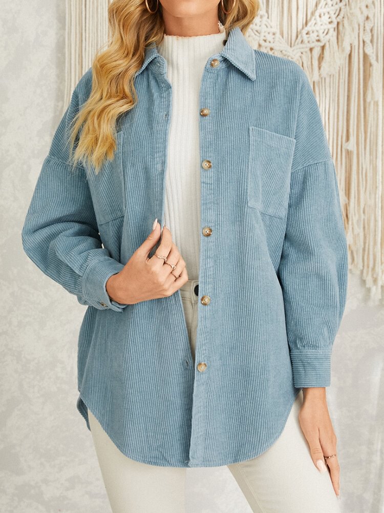 Corduroy Ribbed Solid Pocket Button Lapel Long Sleeve Jakcet