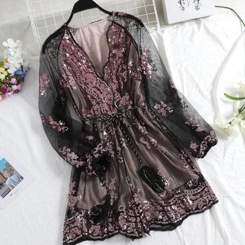 Dark Academia New Autumn Mesh Embroidery Long Sleeve Gauze Jumpsuit DK006