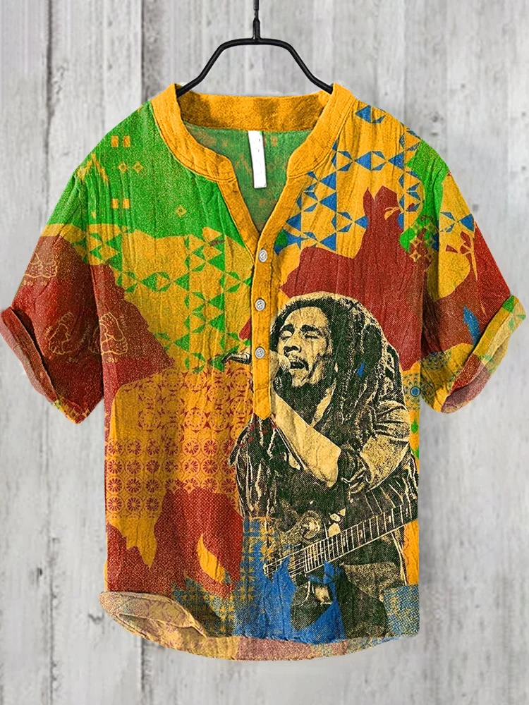 Reggae Print Linen Blend Casual Shirt