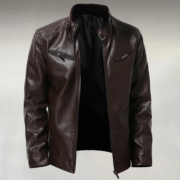 Men's Solid Zipper Pocket Stand Collar PU Leather Jacket