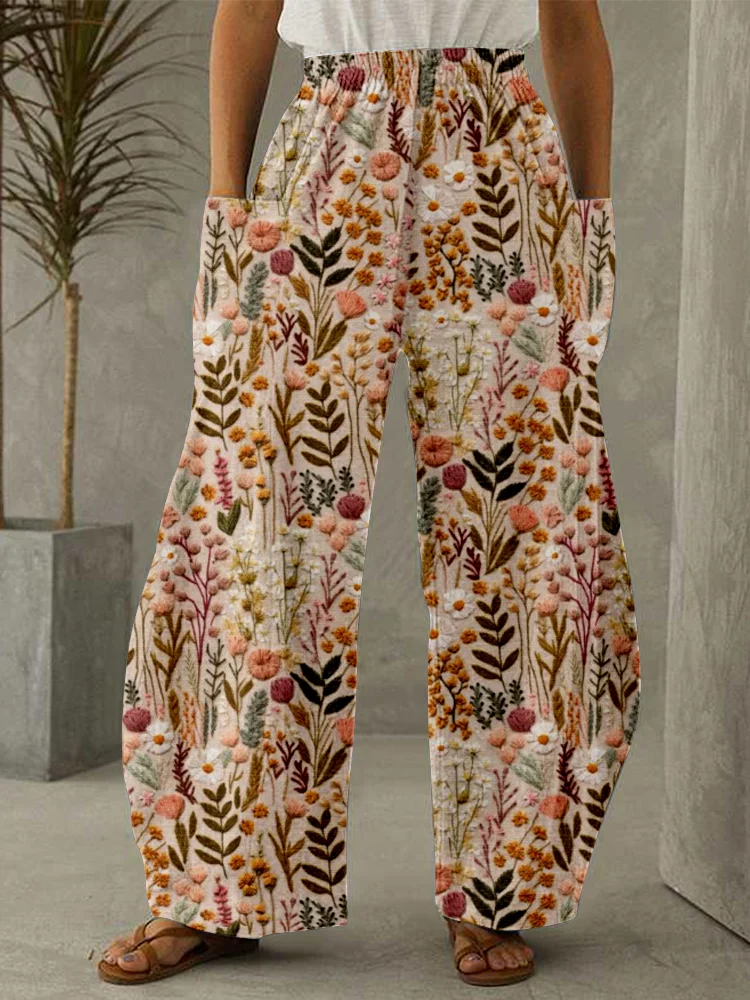 VChics Wildflower Meadow Floral Embroidery Art Wide Leg Casual Pants