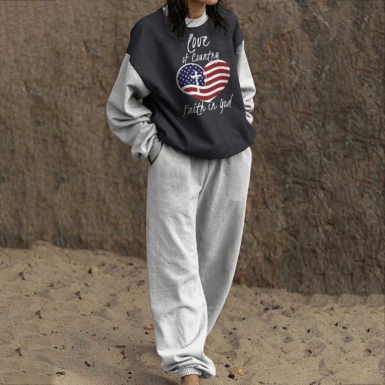 Comstylish Love Of Country Faith In God Print Sweatshirt Two Piece Set