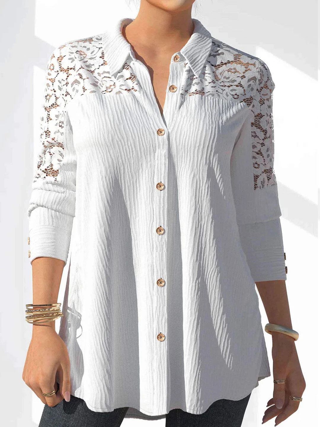 Women Long Sleeve V-neck Lace Floral Printed Top