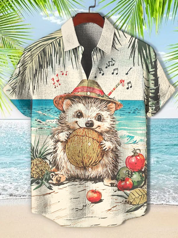 Men's Hedgehog Eating Coconut On Vacation Art Print Short Sleeve Shirt