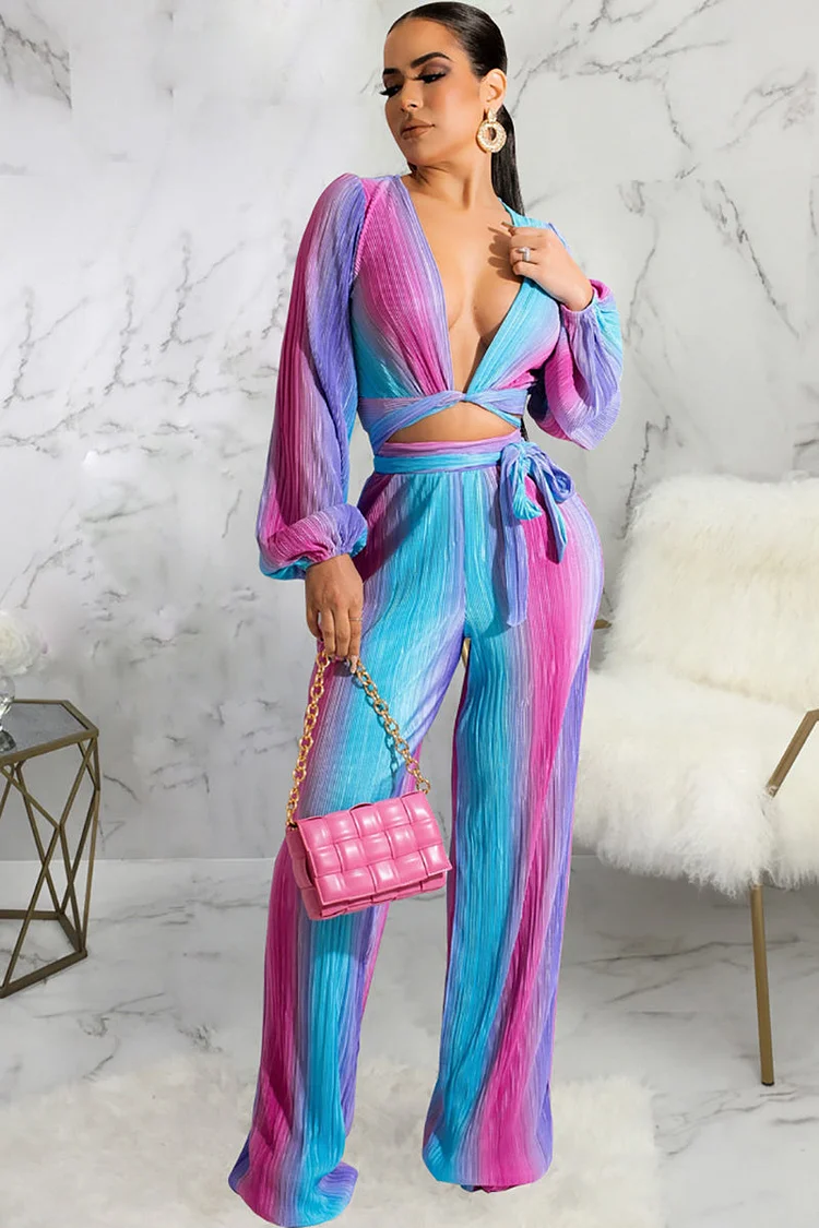Deep V Neck Striped Long Lantern Sleeve Top Two-Piece Pants Set