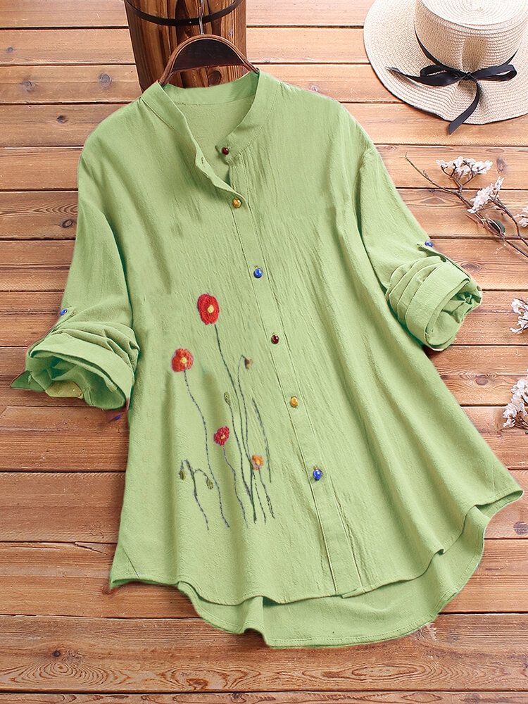 Flower Embroidered Long Sleeve Shirt For Women P1668744