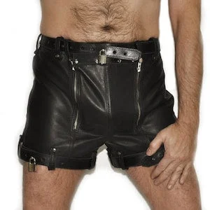 pornhint Pornhint Men's BDSM Leather Bondage Chastity Shorts - Gay Mens Real Cow Leather SHORTS for Men - Handmade Leather Fetish Shorts