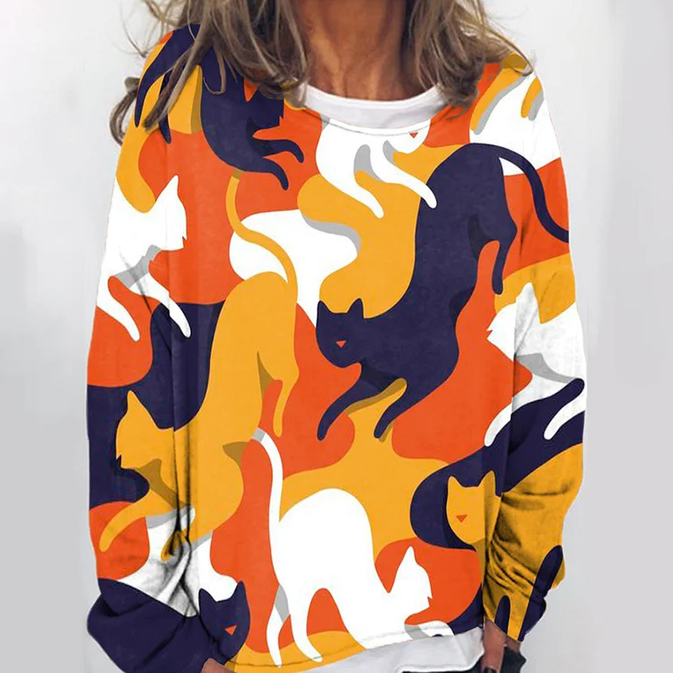 Vefave Cat Contrast Print Sweatshirt