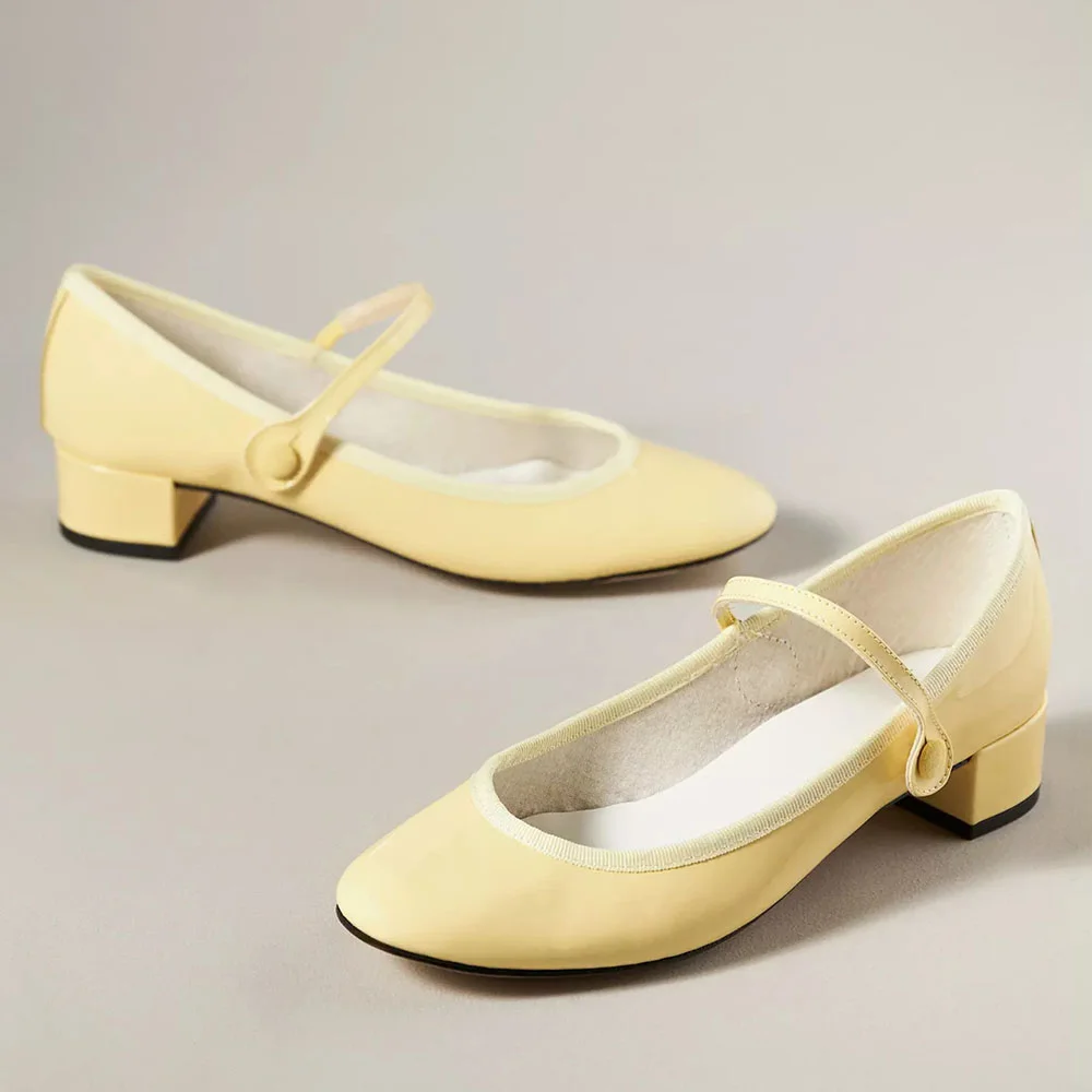 Yellow Patent Leather Round Toe Mary Jane Shoes Block Heel Pumps Nicepairs