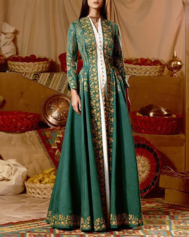 Women's V Neck Long Sleeve Embroidered Dress
