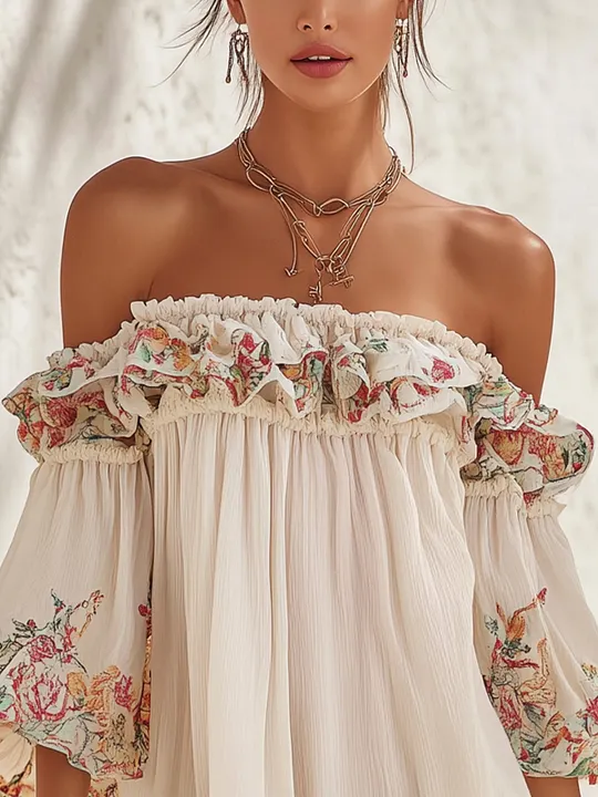 White Off-Shoulder Mini Dress With Floral Ruffle Detail