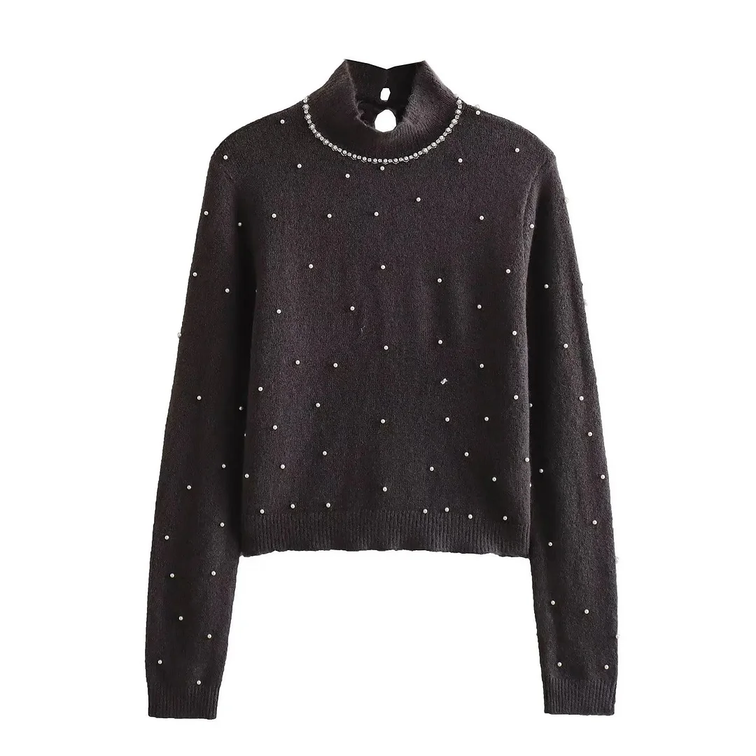 Tlbang New Women Fashion Faux Pearl Appliques Knit Sweater Long Sleeve High Collar Female Pullover Tops