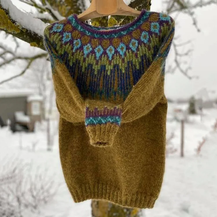 VChics Men's Unisex Vintage Colorwork Warmth Knit Jacquard Icelandic Crew Neck Sweater