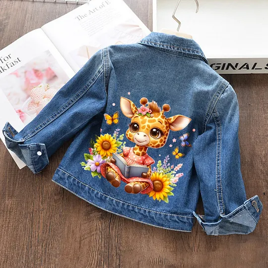【18M-11Y】Girls Fashion Giraffe With Butterfly And Flowers Print Blue Denim Jacket
