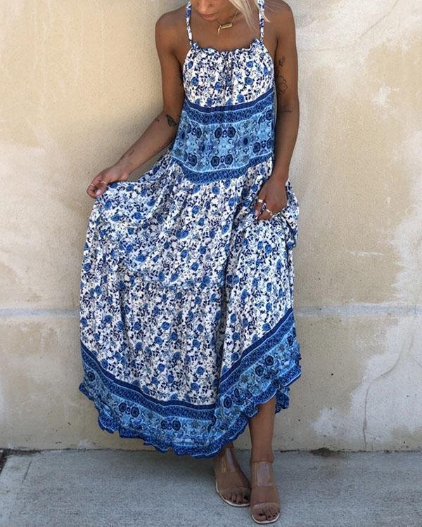 Print Sleeveless Boho Vacation Maxi Dresses