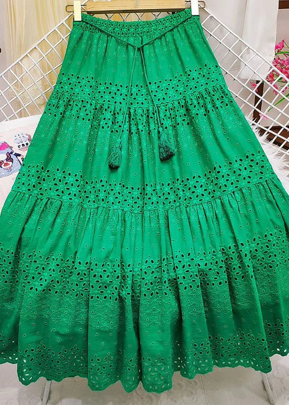 Chic Green Embroideried Tasseled Hollow Out Cotton Skirt Summer