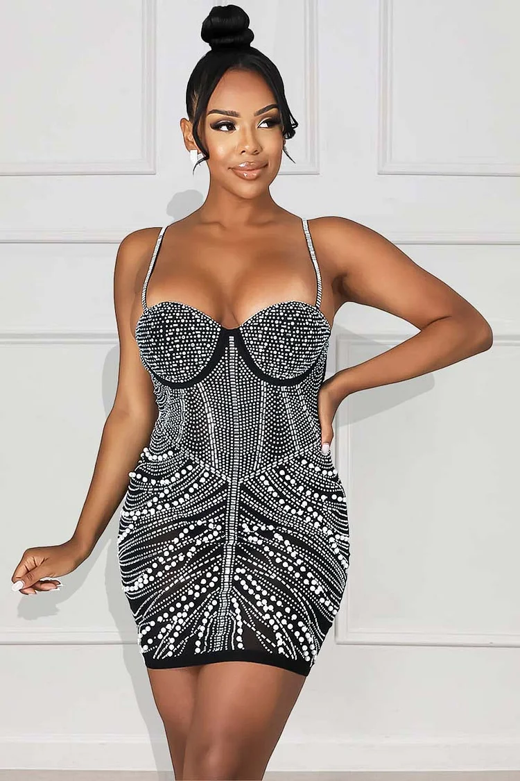 Mesh Rhinestone Bodycon Party Slip Mini Dresses