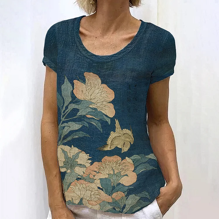 Comstylish Japanese Art Flower Print Linen Blend Casual T-Shirt