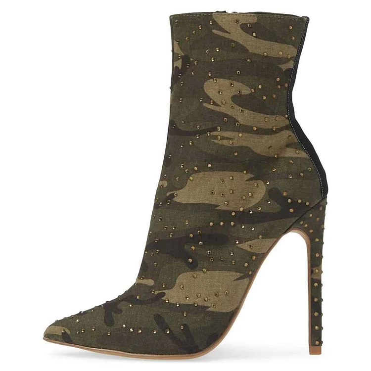 Green Camouflage Fashion Booties Rhinestone Stiletto Heel Ankle Boots |FSJ Shoes