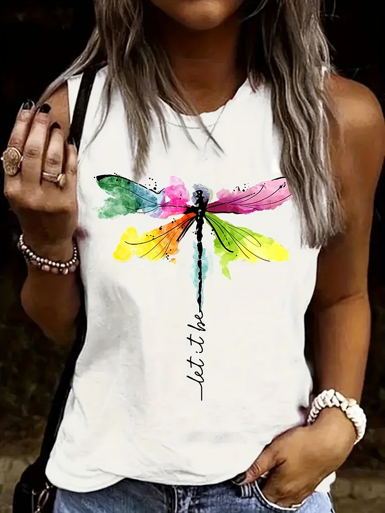 Dragonfly Print Tank Top, Sleeveless Crew Neck Casual Top For Spring & Summer, Women's Clothing