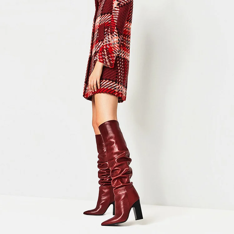 Red Slouch Boots Pointy Toe Chunky Heels Knee-high Boots Vdcoo