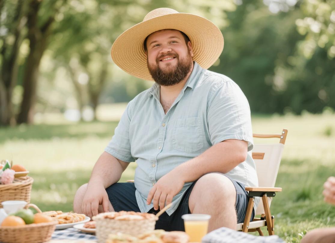 A man has a picnic in big and tall sunshine hats