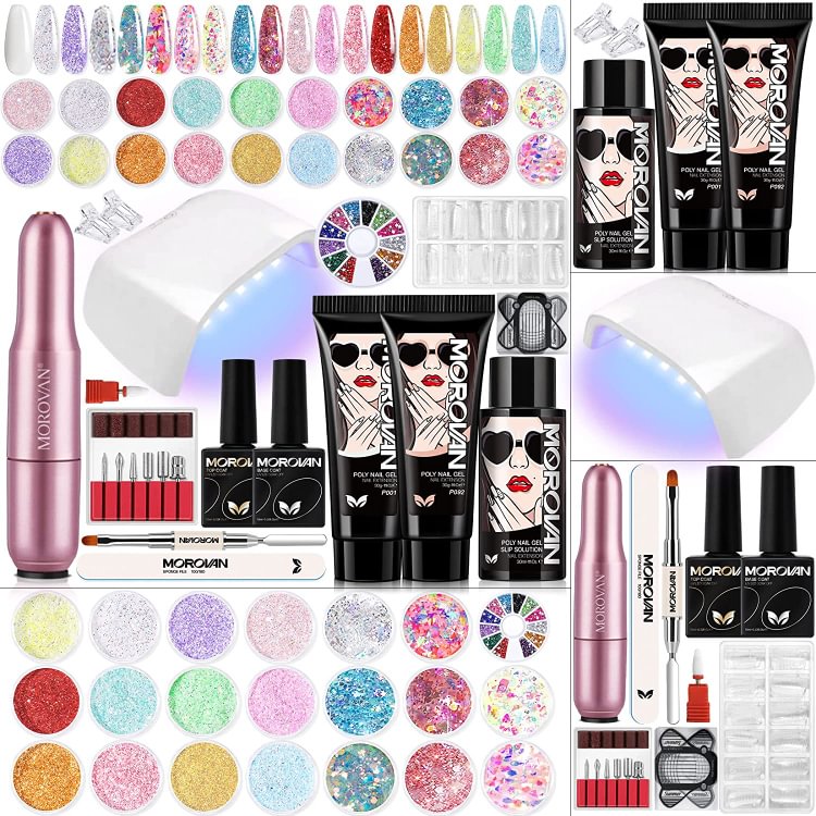 2 Colors with 20 Colors Glitter Nail Drill & Nail Lamp Poly Nail Gel Professional Kit | Magical Angel