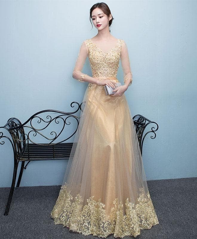 Glod Lace Tulle Long Prom Dress, Lace Evening Dress