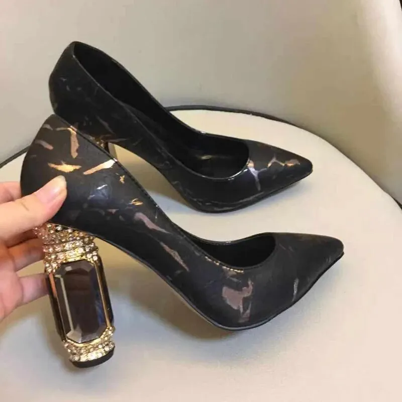 VCSHOES White Pointed Toe Shallow High Heels Glass Rhinestone Thick Heel Single Shoes Simple All-match Women's Shoes