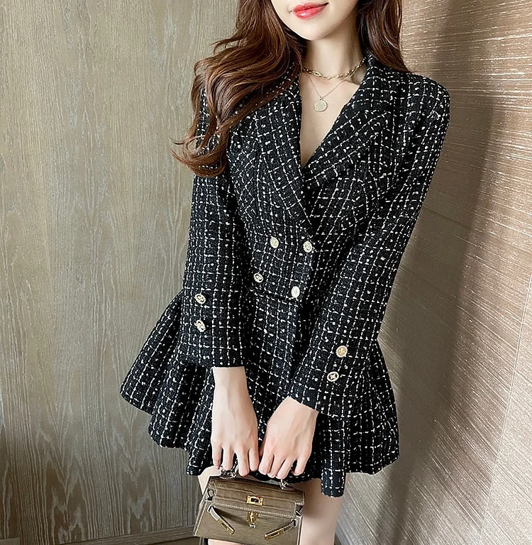 Elegant Tweed High Waist Slim Pleated Plaid Black Dress SP17618